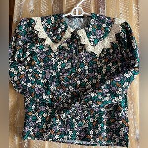 Zara Floral Blouse with Lace Collar and Bow size XS